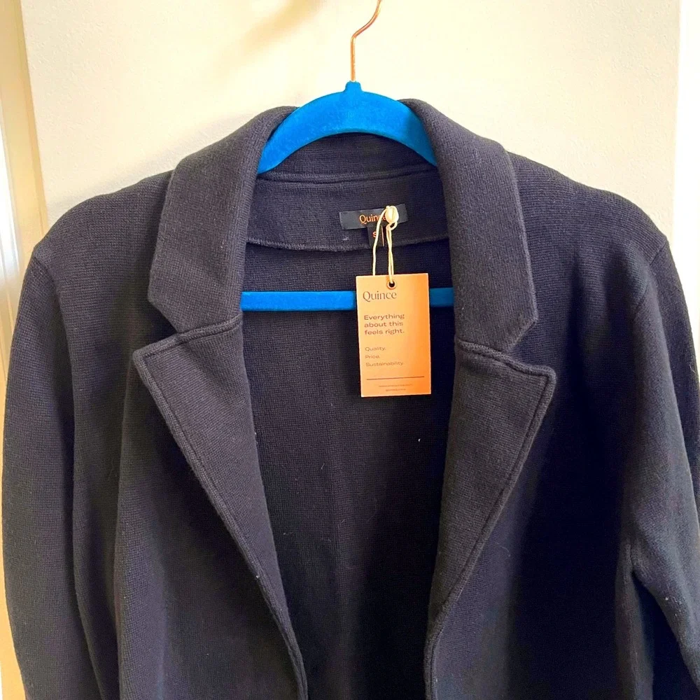 Quince Organic Cotton Knit Blazer Womens S Black Minimalist Open Front Jacket